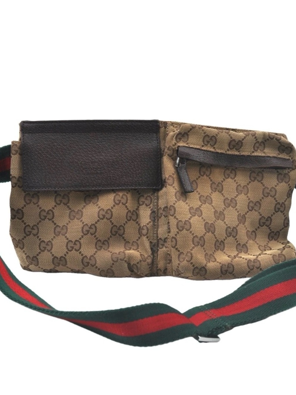 Gucci Tan GG Canvas Belt Bag with Green-Red Web Strap